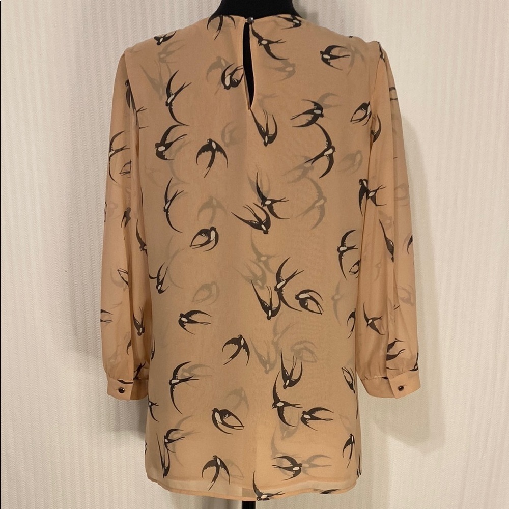 Banana Republic Blouse Bird Print Pink 3/4 Sleeve Tunic Sheer Sleeve Medium - Picture 4 of 11